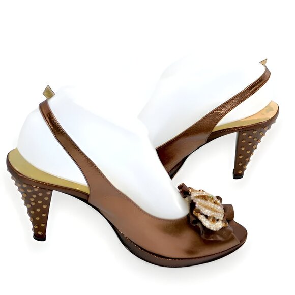 Luxury Louis David Metallic Copper Brown Leather Swarovski Crystal Heels 38 7.5 - Picture 7 of 13